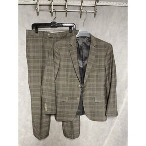 Alain Dupetit Suit Men 36S Beige Gray Glen Plaid 2B Flannel Slim Pant 33X27 Luxe